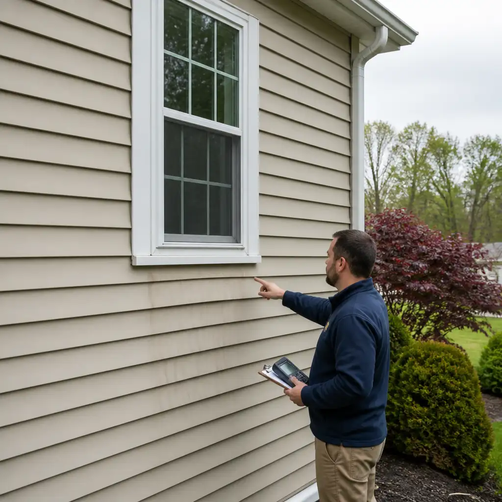 Man pointing at beige vinyl siding beside window