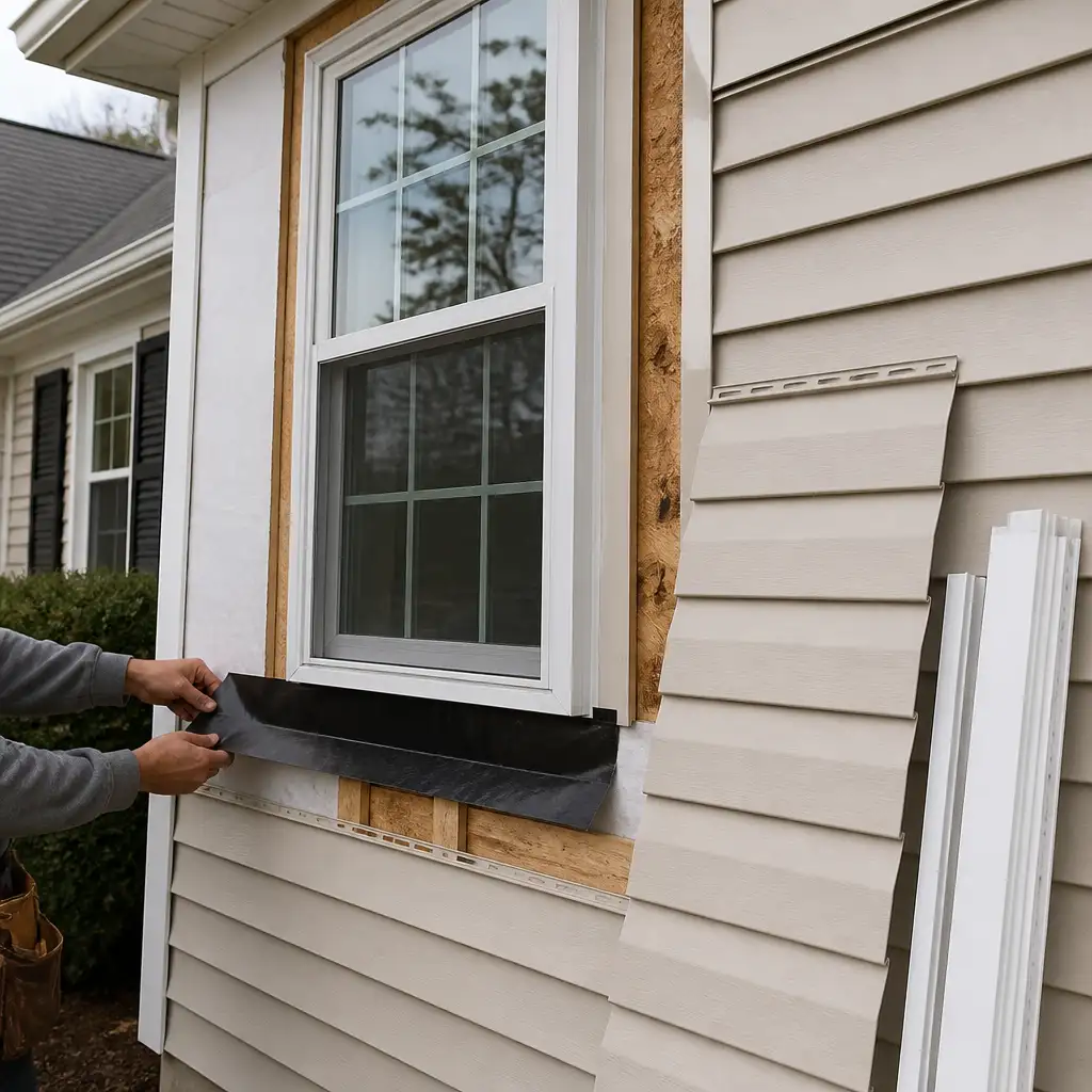 Hands applying black flashing at window sill with vinyl siding