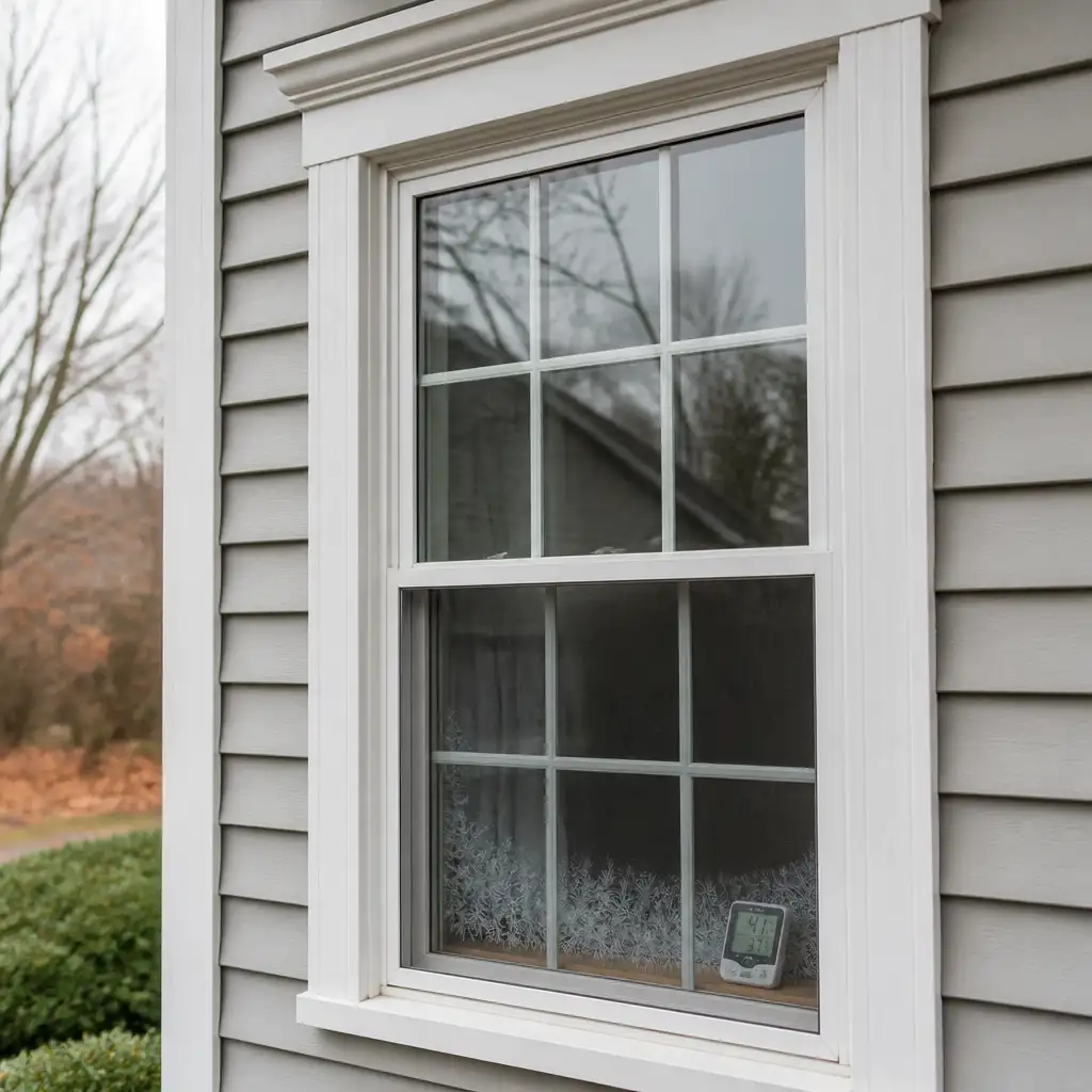 White-trimmed window with frost on lower pane and hygrometer