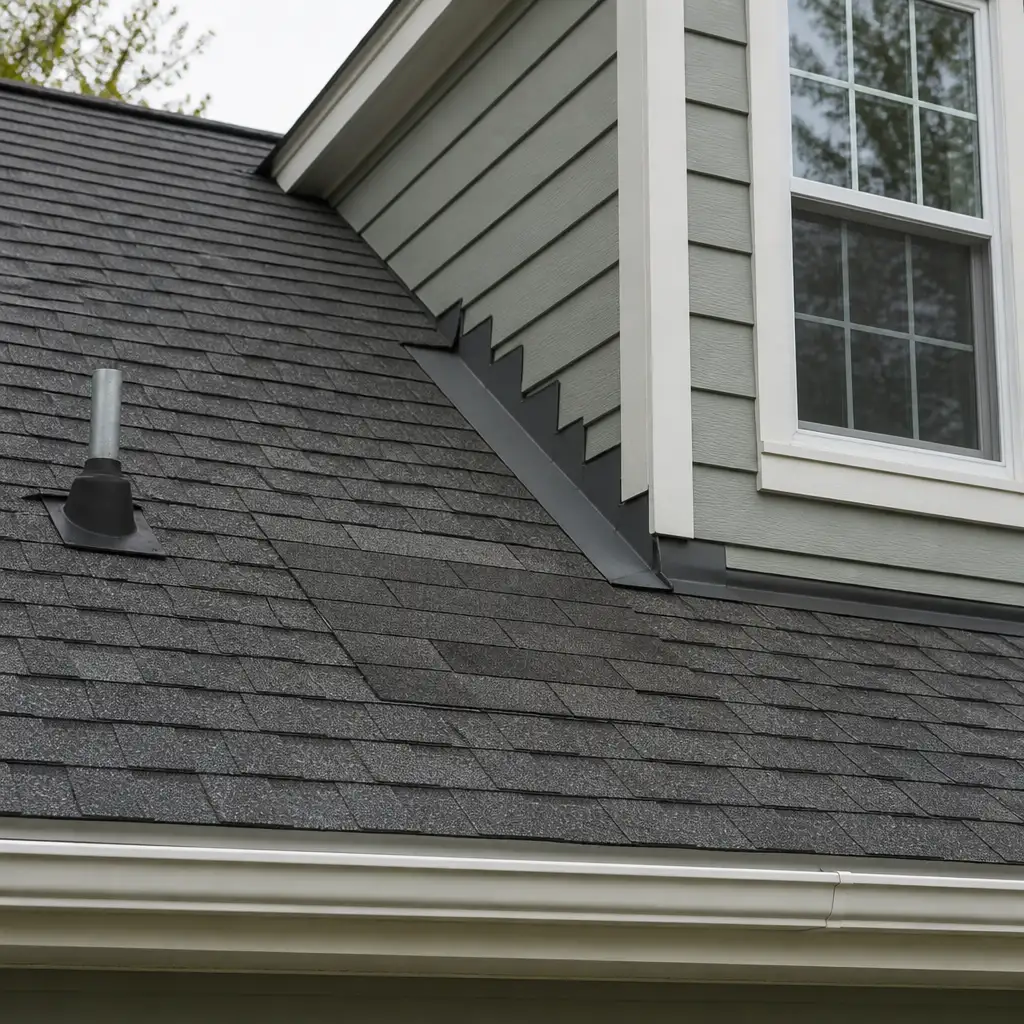 Asphalt shingles, dormer step flashing, vent boot, and gutter