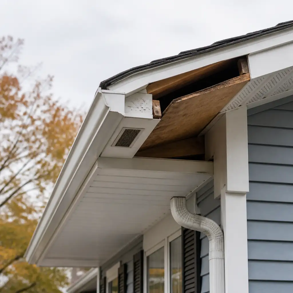 Exposed plywood sheathing at eave with vent, gutter, downspout