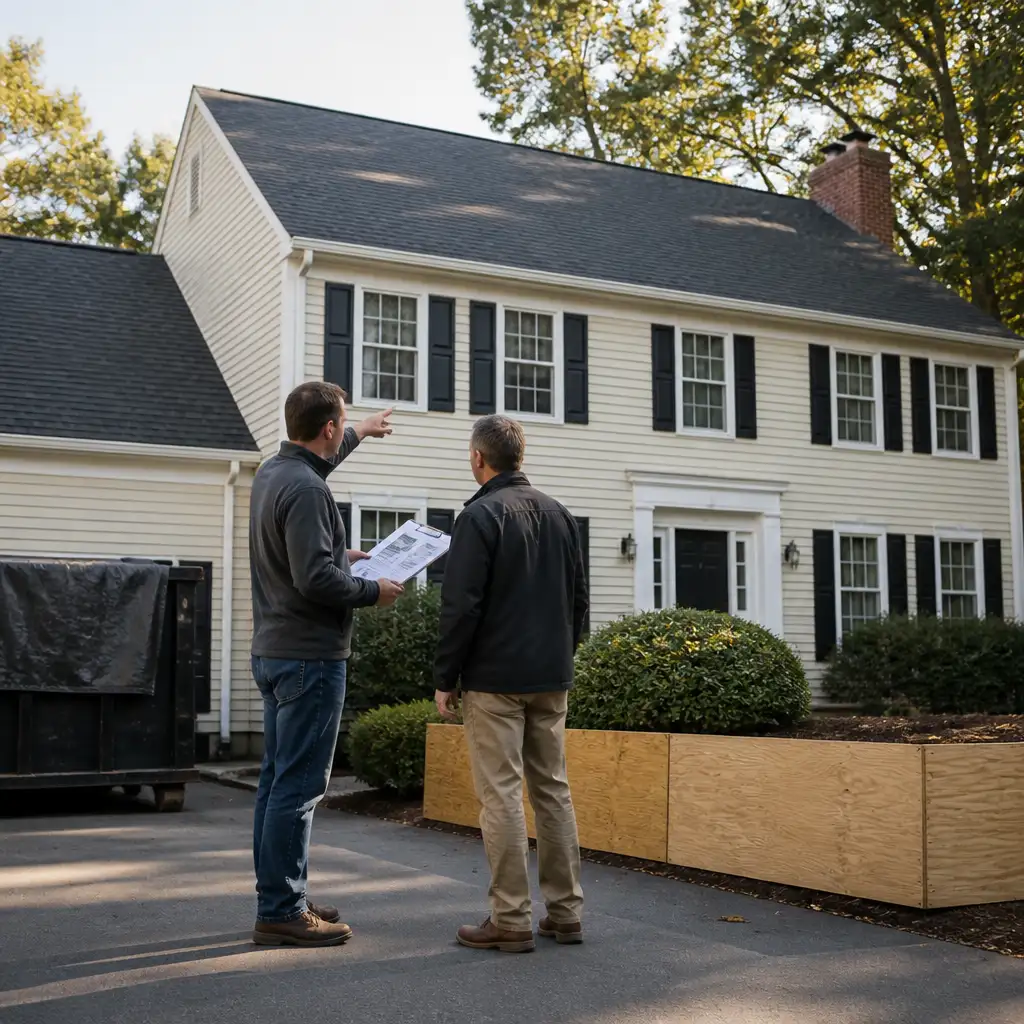 Two men on driveway pointing at house roof holding papers