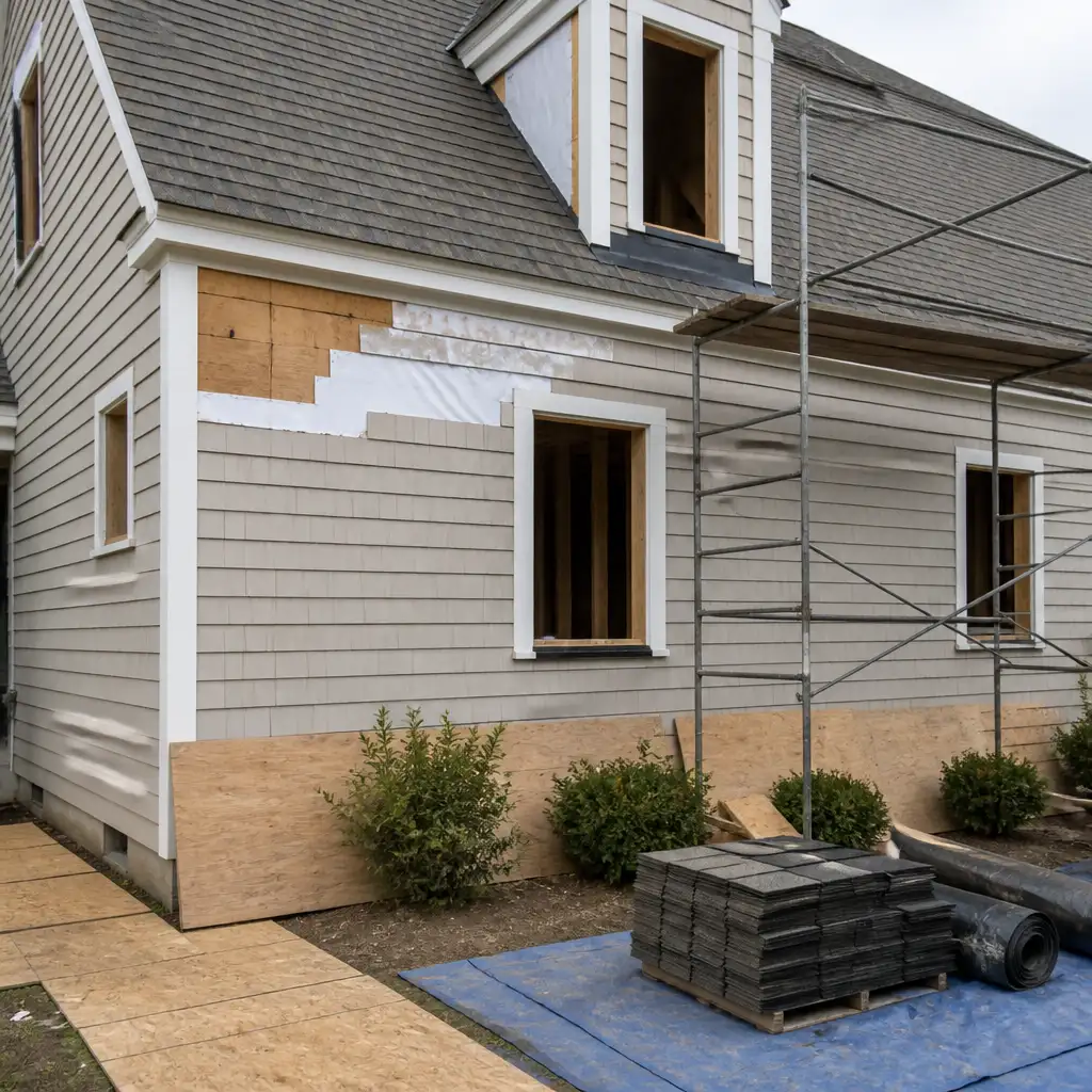 House exterior with scaffolding, exposed sheathing, stacked shingles, plywood