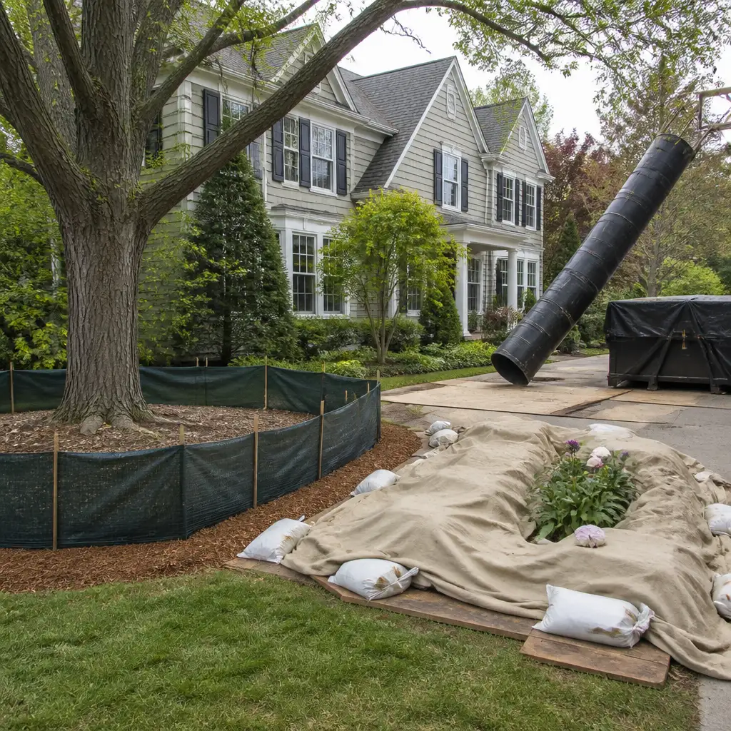 Colonial house, oak tree, root fencing, debris chute, covered flowerbed