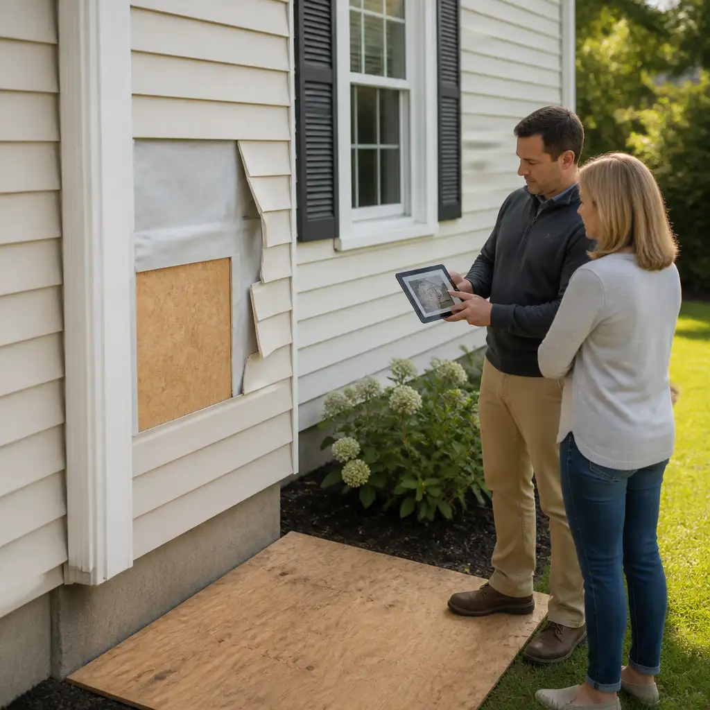 Two people viewing tablet beside exposed housewrap and plywood patch