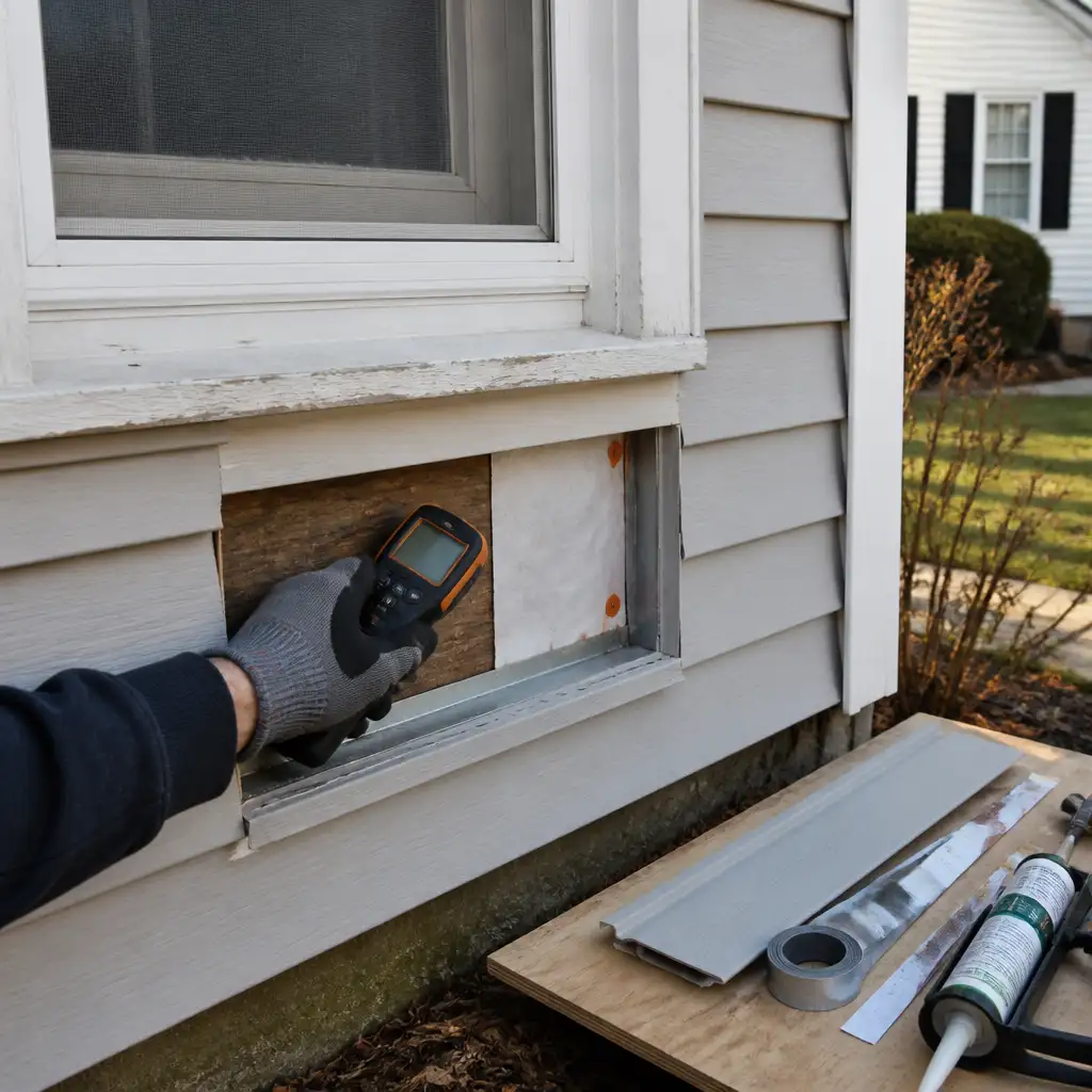 Gloved hand holding moisture meter against exposed sheathing