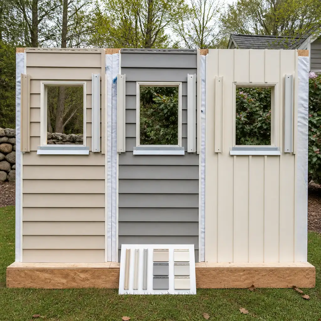 Three siding panels in beige gray and cream with windows