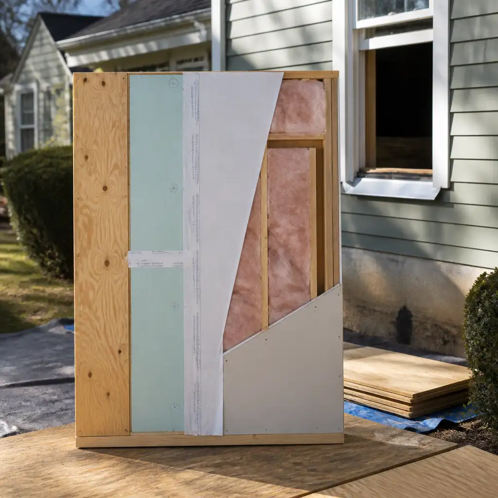 Freestanding wall cross-section panel showing sheathing and insulation