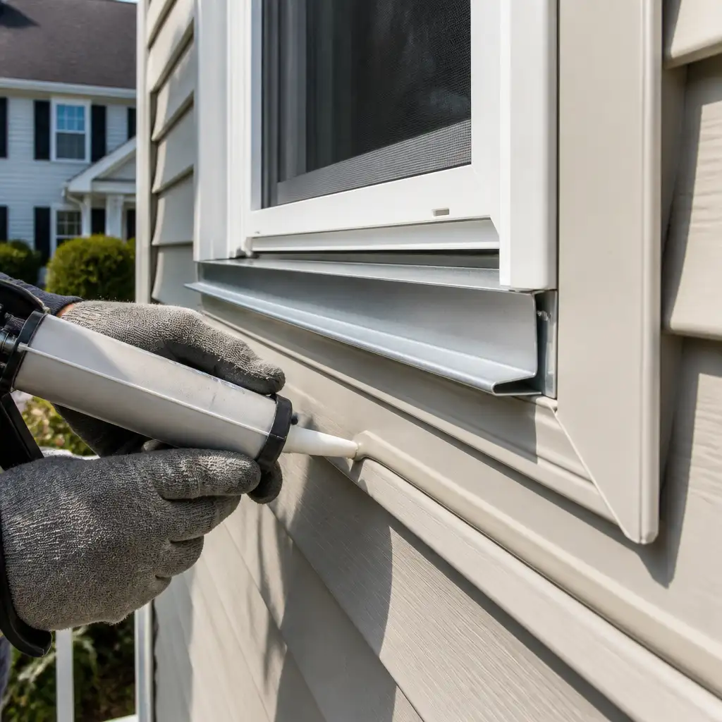 Gloved hands applying caulk to metal window sill and siding