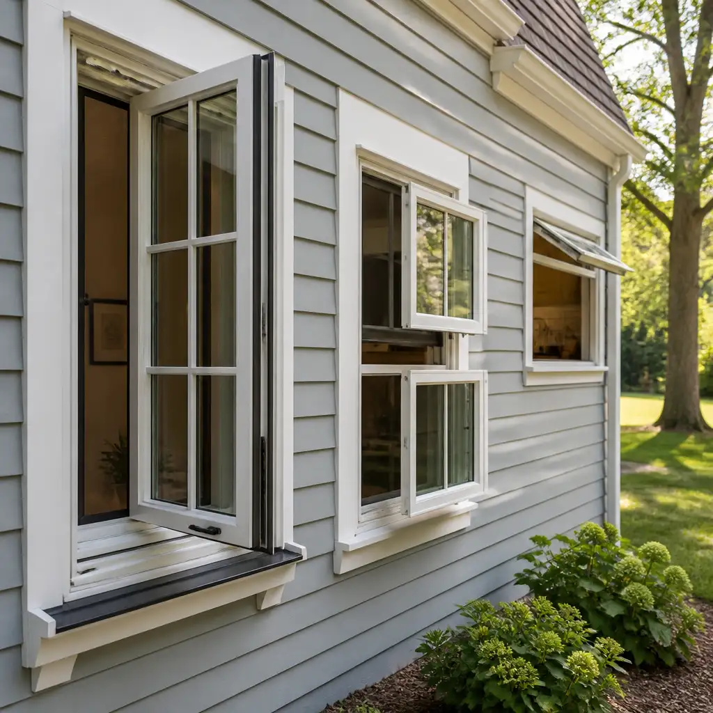 House side with open casement, double-hung and awning windows