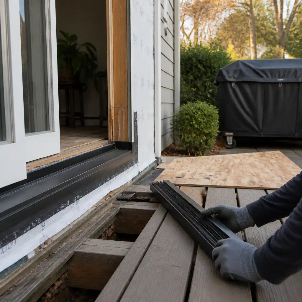 Gloved hands holding threshold near exposed sill and removed decking