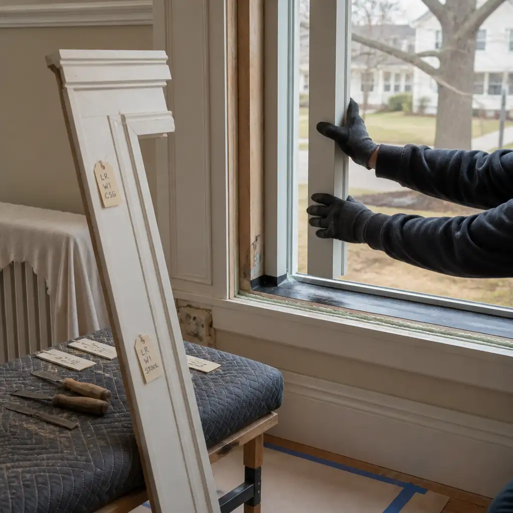 Gloved hands installing window while labeled trim leans nearby