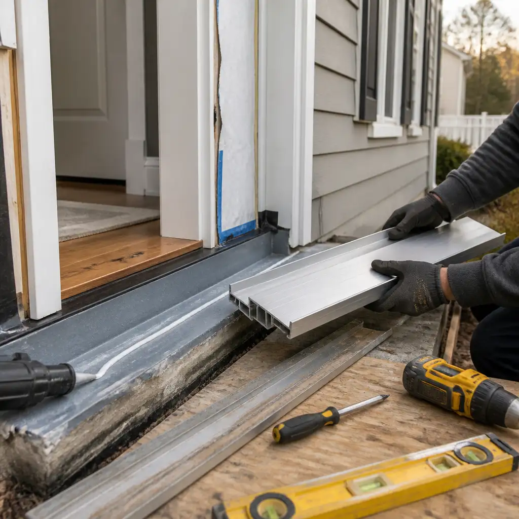 Gloved hands holding aluminum threshold above sill pan, drill, level