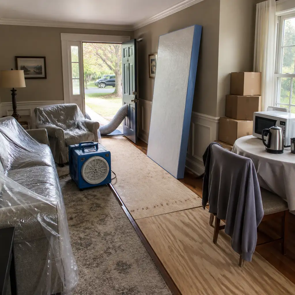 Plastic-covered sofa and chair, plywood runner, blue air scrubber, boxes