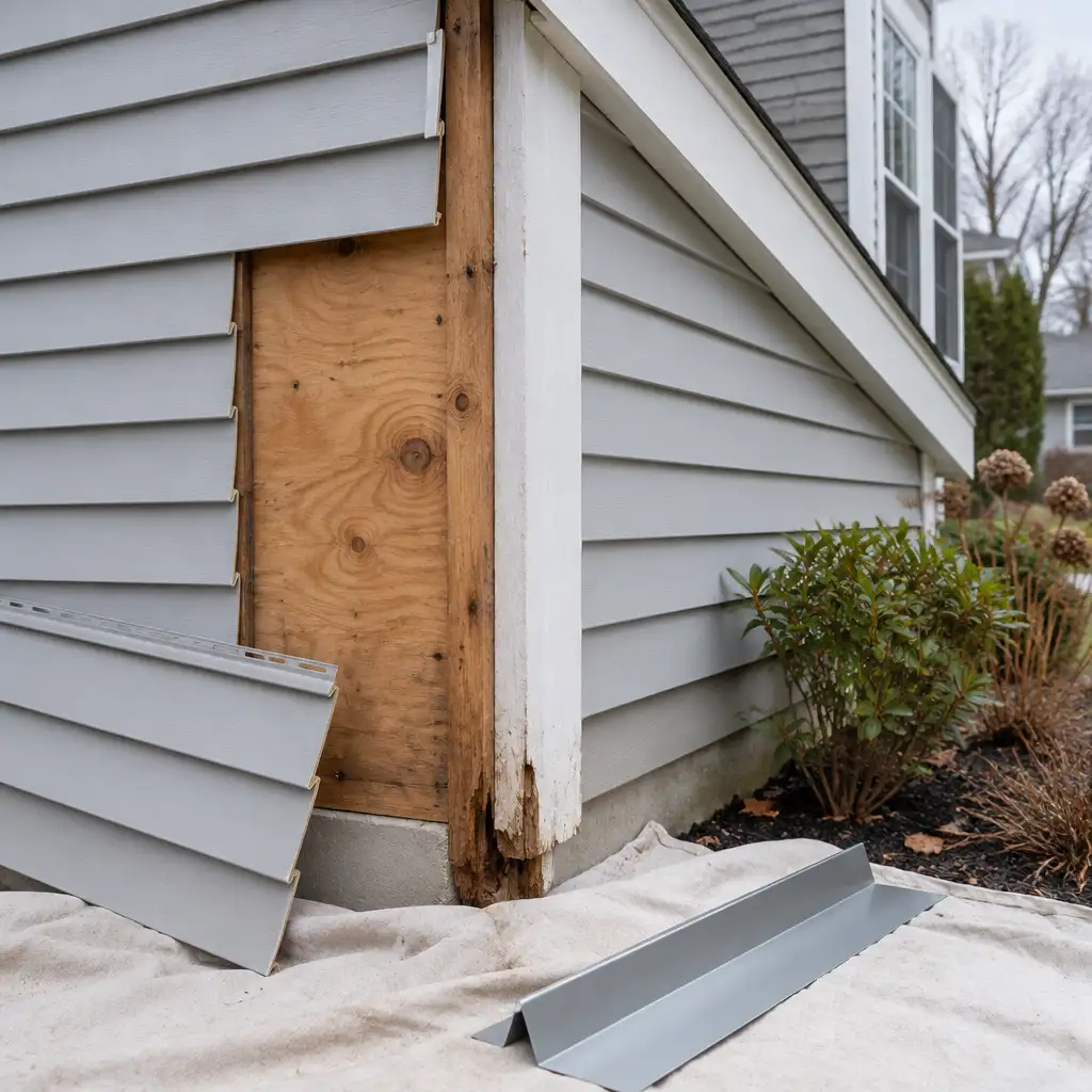 Exposed plywood, rotted corner board, removed vinyl siding, flashing