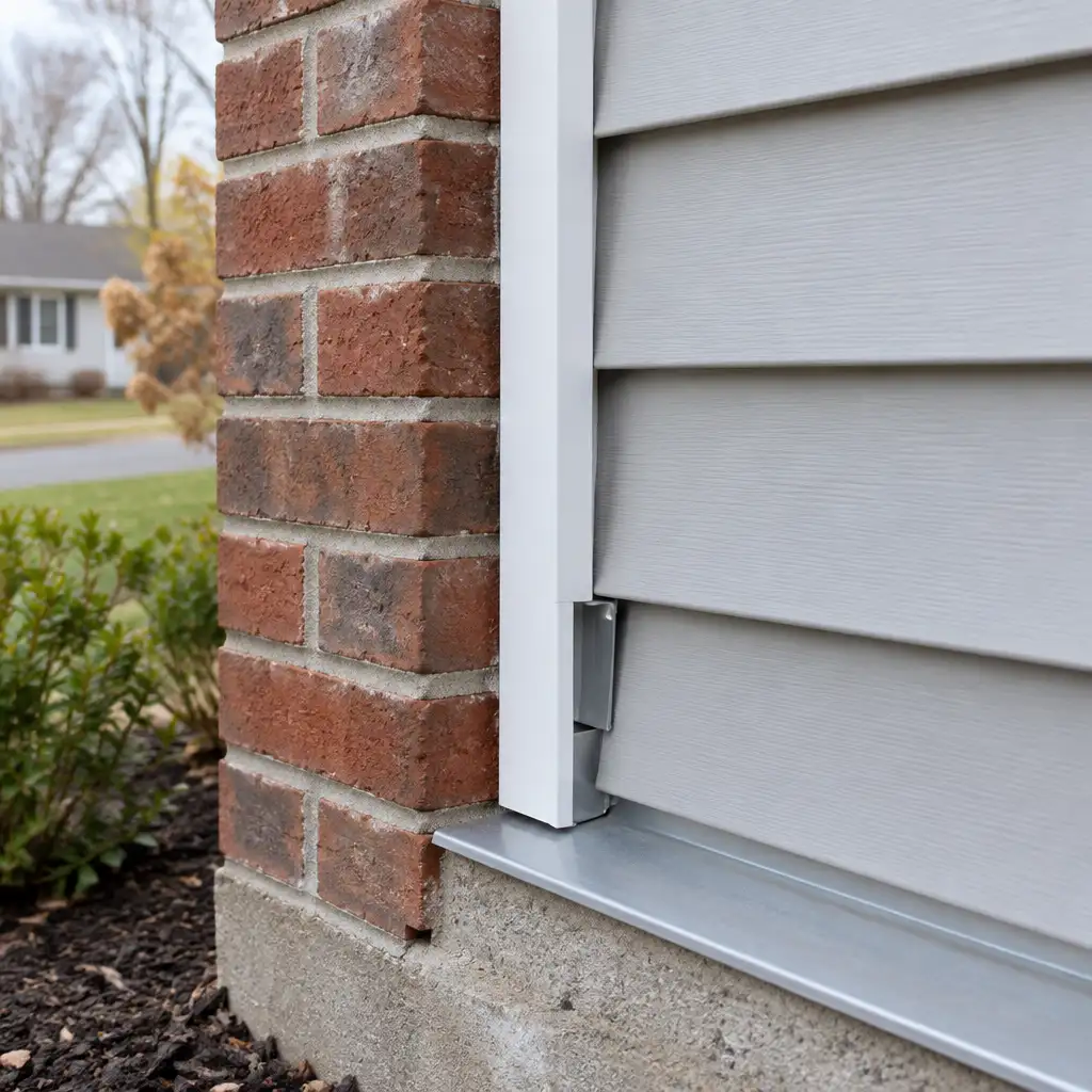 Brick corner beside white trim, gray siding, metal flashing