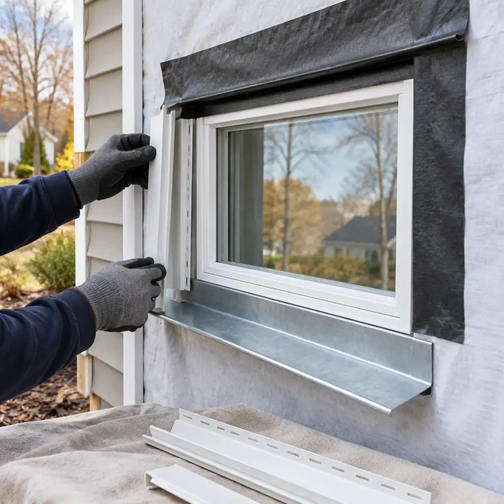 Gloved hands fitting white J-channel beside window with metal sill