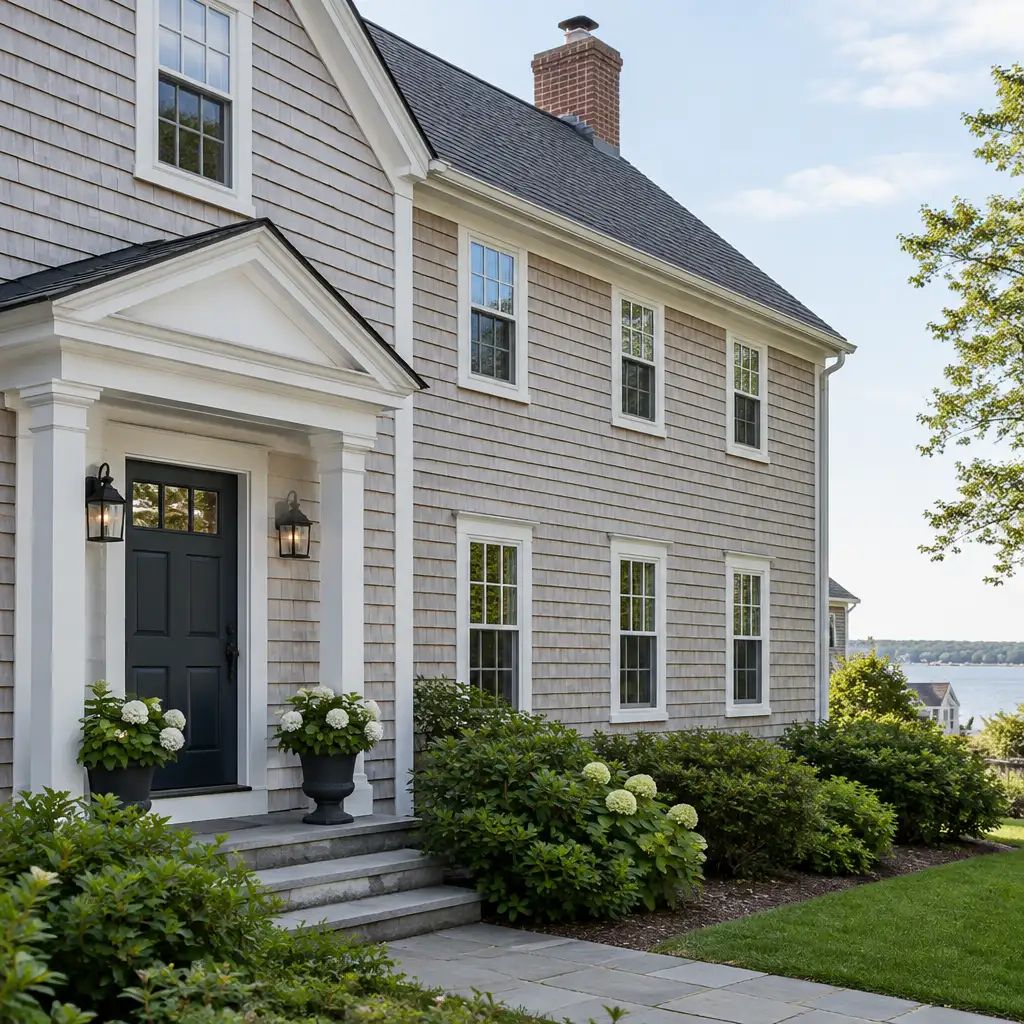 Shingle-sided colonial house entrance with black door and hydrangeas