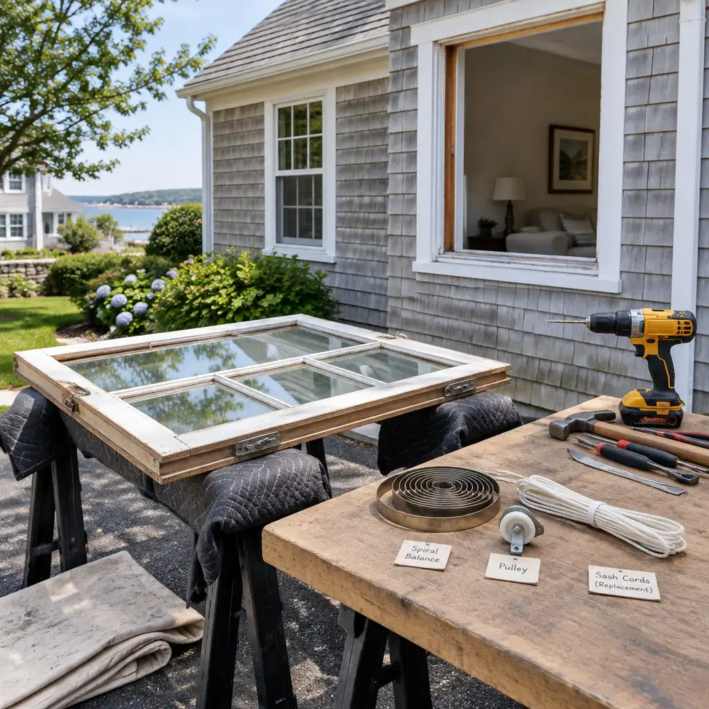 Wooden sash on sawhorses with drill and repair parts