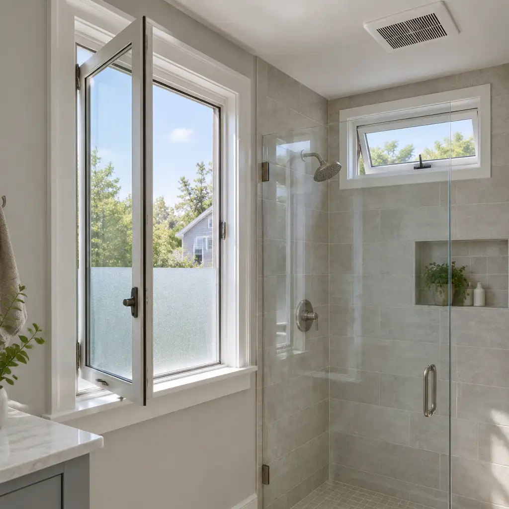 Open casement window beside frosted lower glazing and tiled shower