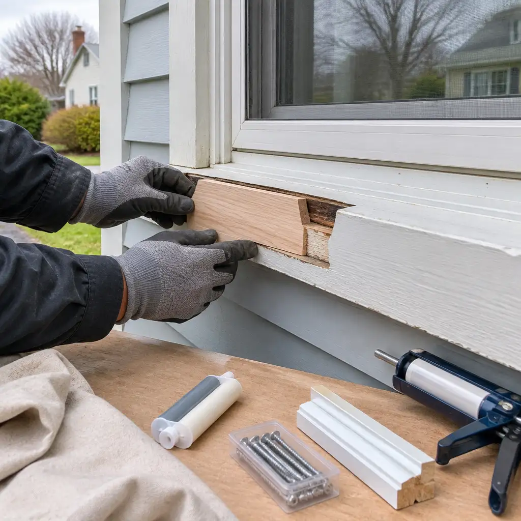 Gloved hands fitting wooden patch into exterior window sill
