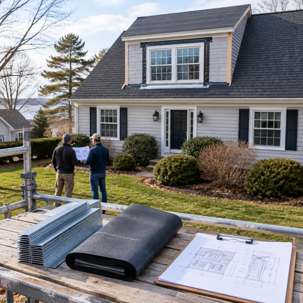 Two people on lawn reviewing plans beside scaffold with materials
