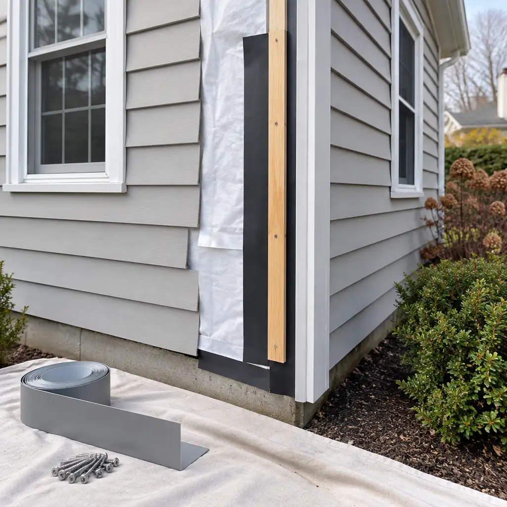 Exterior corner with removed siding, housewrap, flashing, metal roll