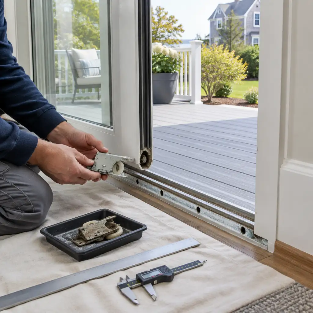 Hands holding replacement patio door roller at exposed aluminum track