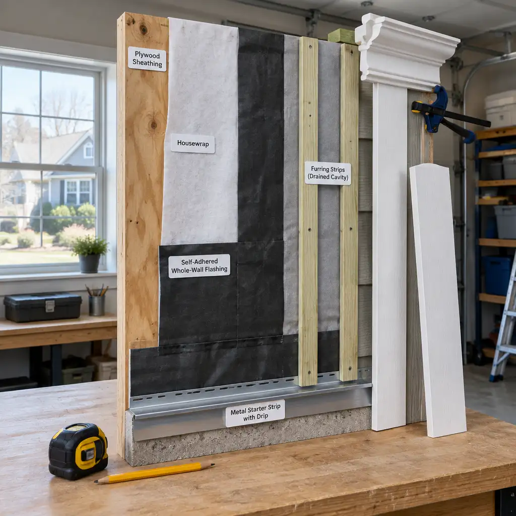 Labeled siding demonstration panel with flashing, furring, starter strip
