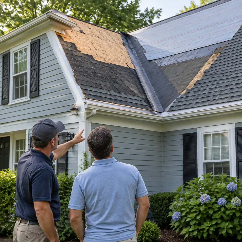 Two men inspecting exposed roof underlayment and valley membrane
