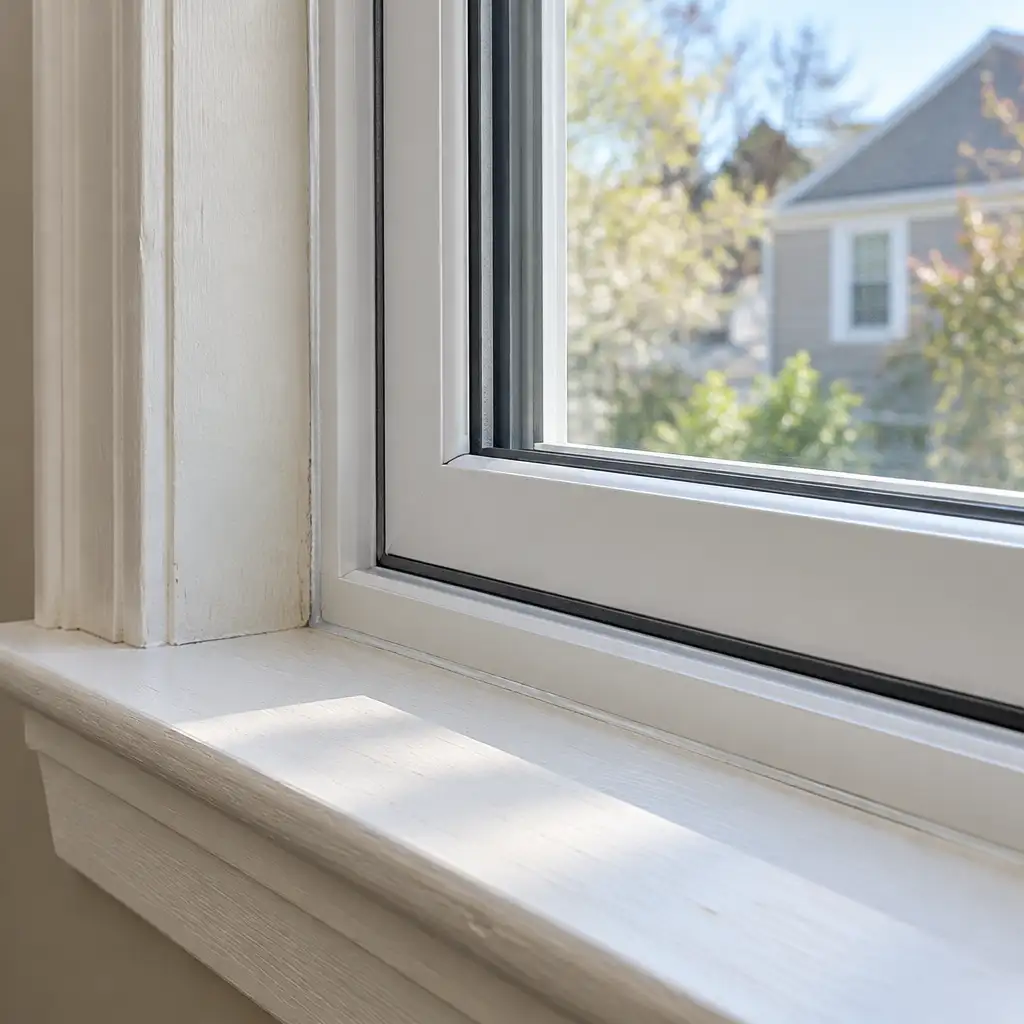 White window insert with weatherstripping, painted wood sill, blurred exterior