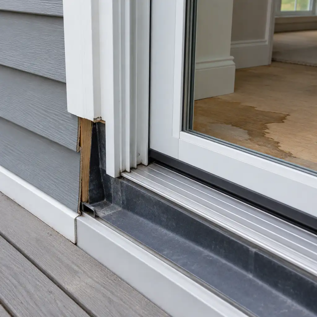 Exterior siding, exposed trim, metal sill pan, interior floor stain