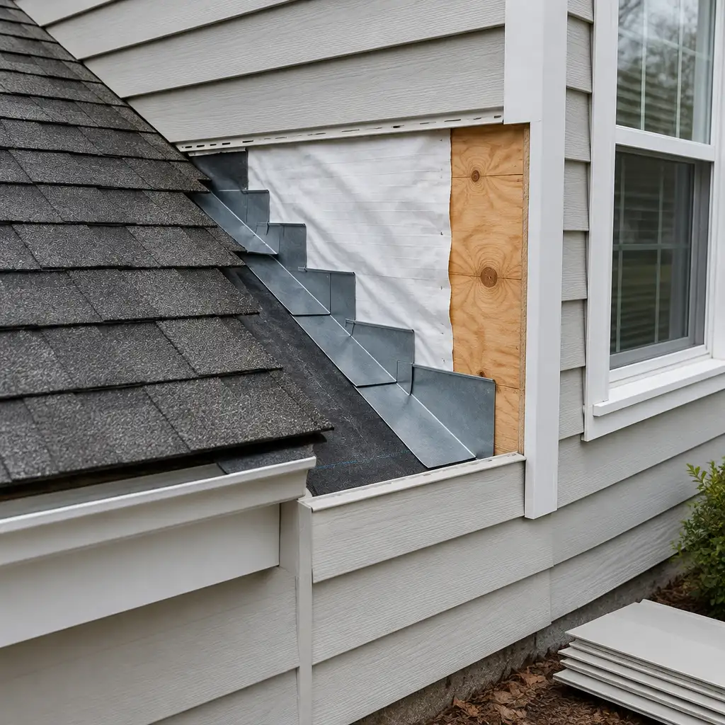 Step flashing and exposed housewrap with stacked siding panels