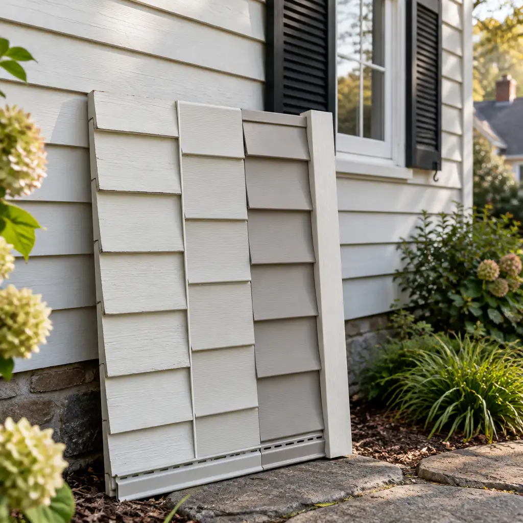 Vinyl siding samples leaning against clapboard house