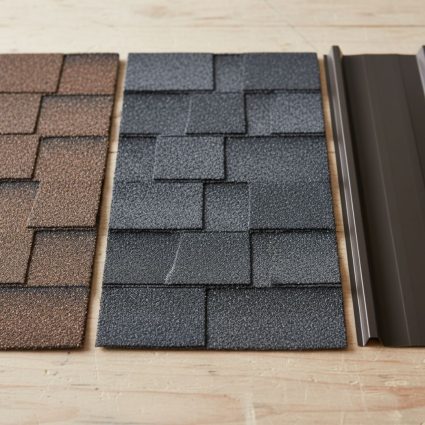 Close-up comparison of three roofing materials: asphalt shingle, architectural shingle, and metal roofing.