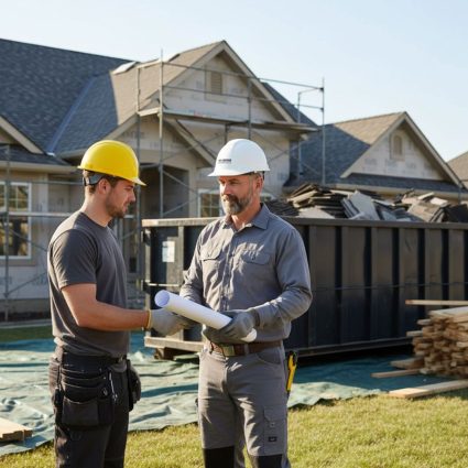 Roofing contractor reviewing a building permit on a residential worksite with a debris dumpster.