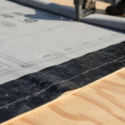 Close-up of synthetic underlayment and ice and water shield being installed on a roof deck.