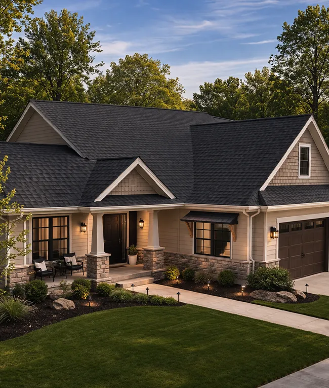 Home with stylish roof and landscaping - Roofing Contractor