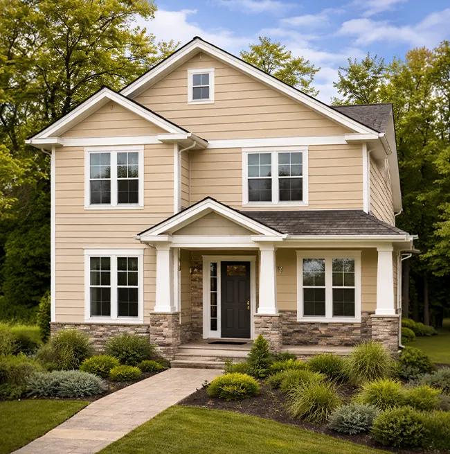 Home with beige siding and dark front door - Roofing Contractor