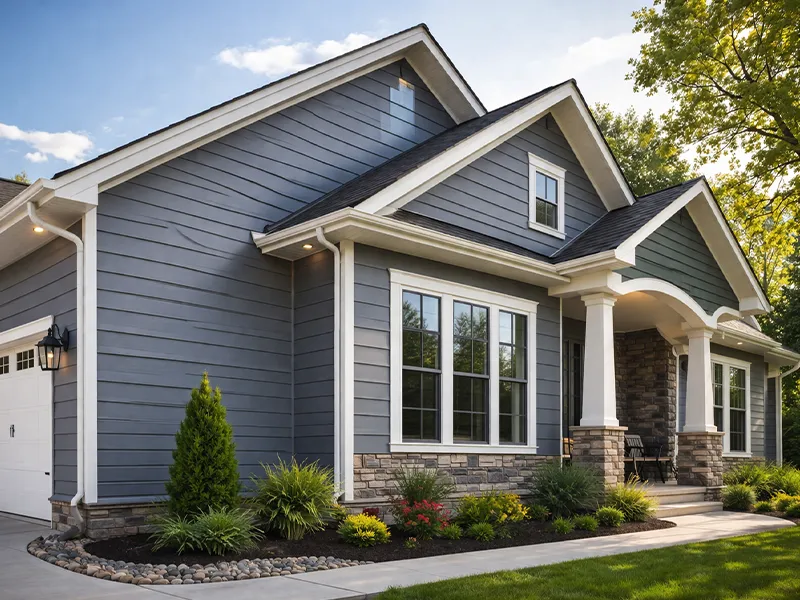 House with gray siding and stone accents - Roofing Contractor