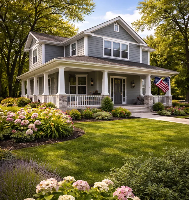 House with American flag and porch - Roofing Contractor