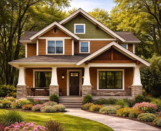 Home with brown and green siding and landscaping Roofing Contractor