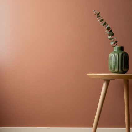 A flawlessly painted terracotta-colored wall next to a minimalist wooden table.