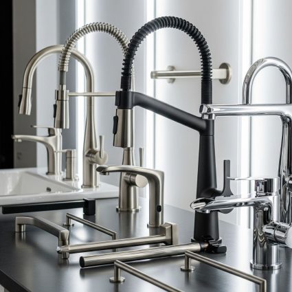 A collection of modern and sleek kitchen and bathroom faucets and hardware.