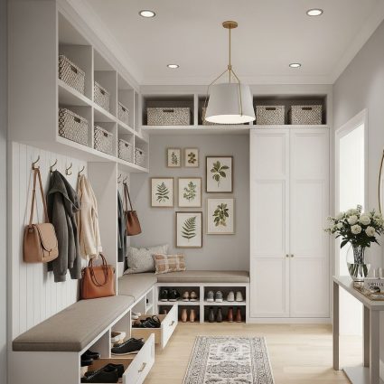 A beautifully organized entryway featuring custom white shelving and storage.