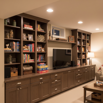 Smart storage solutions in a renovated basement.