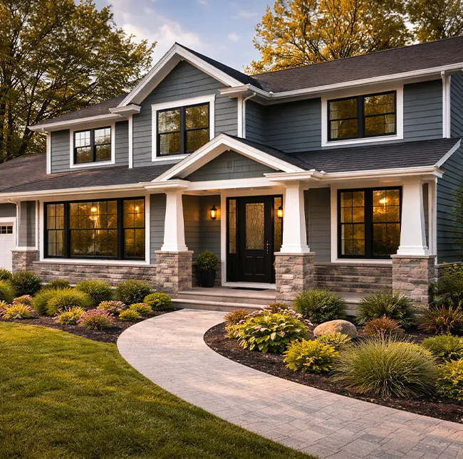 Modern black doors and landscaping - Windows and Doors Contractor.