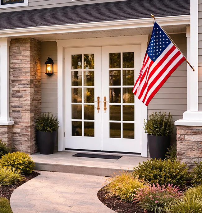 Home with American flag and double doors - Windows and Doors Contractor.