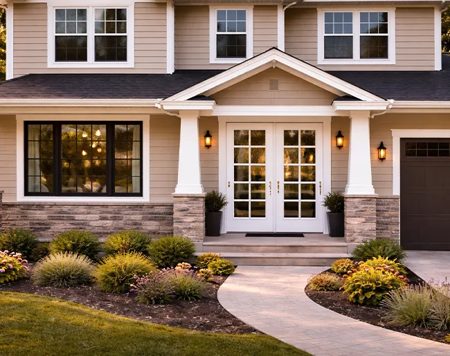 Elegant French doors and greenery - Windows and Doors Contractor